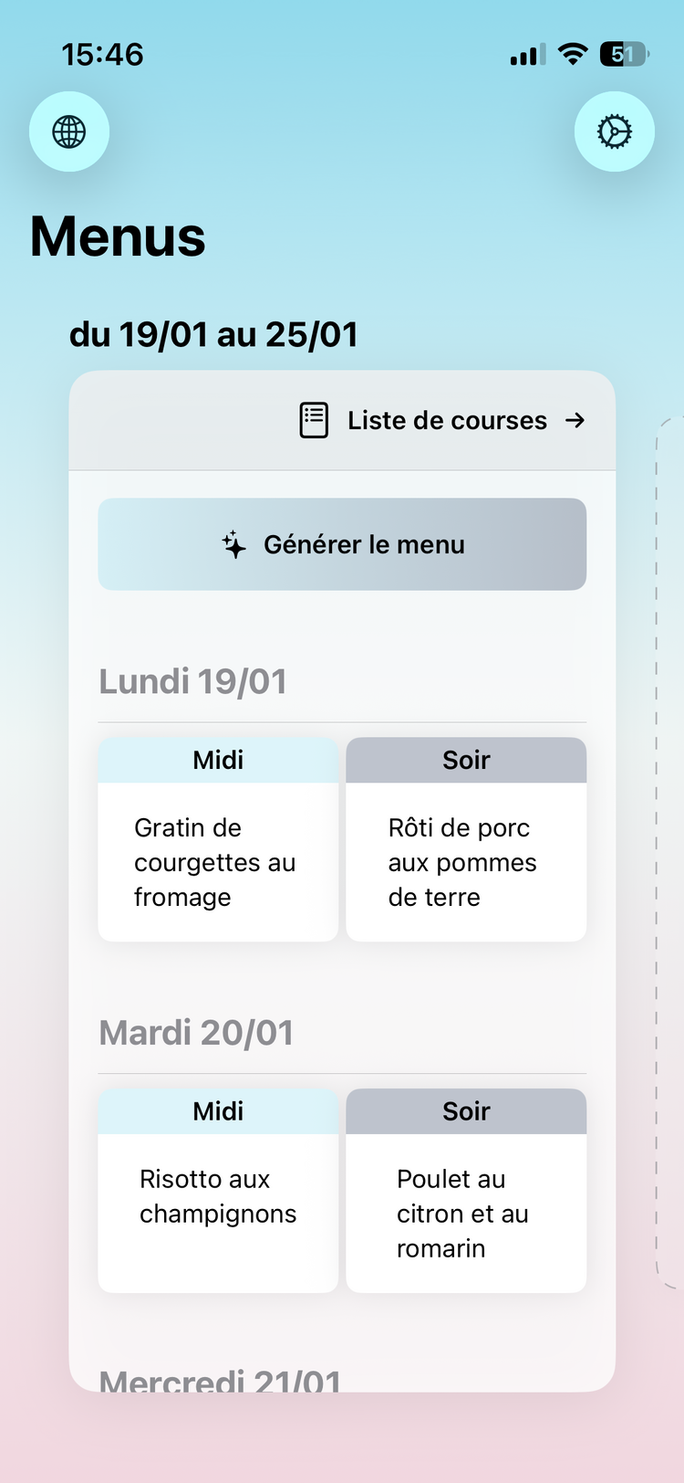 Menus de la semaine planifiés dans l'application Wikizi