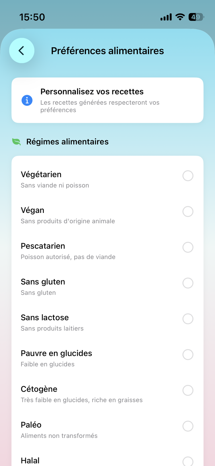 Gestion des préférences alimentaires dans l'application Wikizi