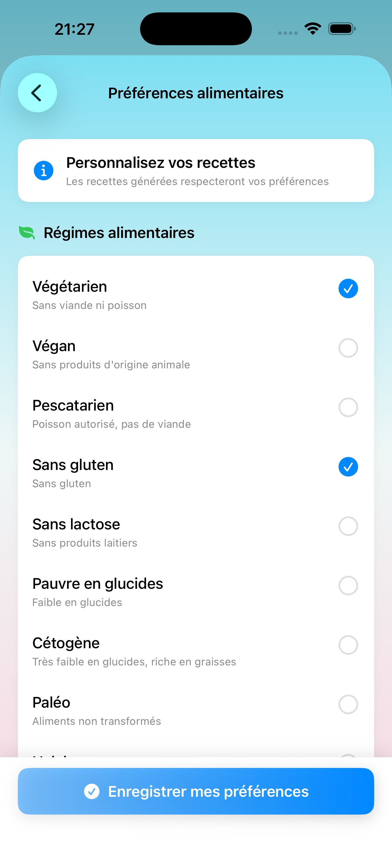 Personnalisation des menus selon vos préférences alimentaires et besoins dans Wikizi
